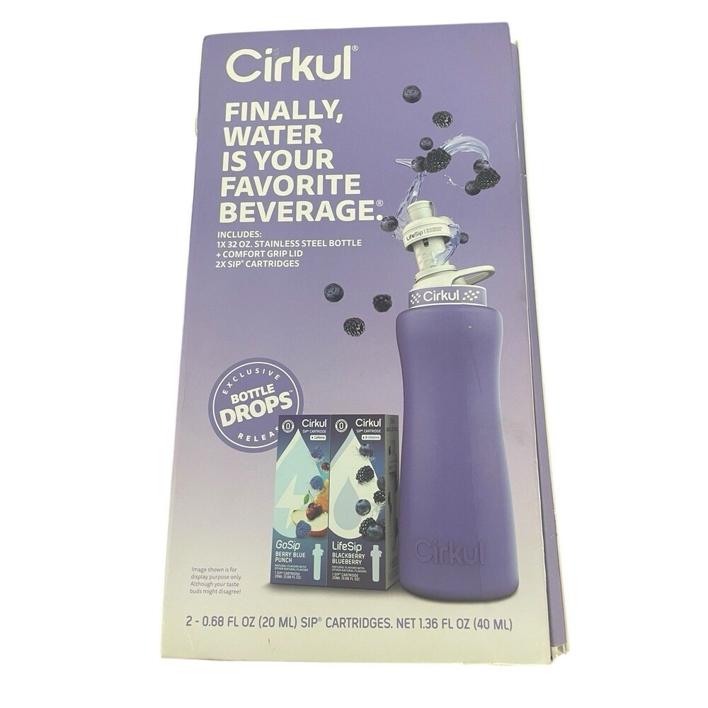 Cirkul 22 oz Purple Stainless Steel Bottle Starter Kit Blue Lid + 2 Flavor Cart